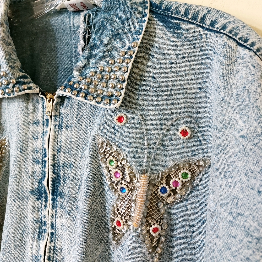 Vintage 80s Jazzino Acid Wash Butterfly Beaded Studded Collar Denim Jean Jacket - Picture 2 of 15